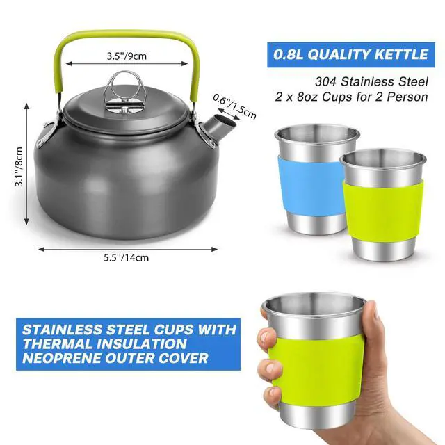 Alt view image 2 of 7 - 15pcs Camping Cookware Mess Kit, Non-Stick Lightweight Pot Pan Kettle Set with Stainless Steel Cups Plates Forks Knives Spoons for Camping, Backpacking, Outdoor Cooking and Picnic