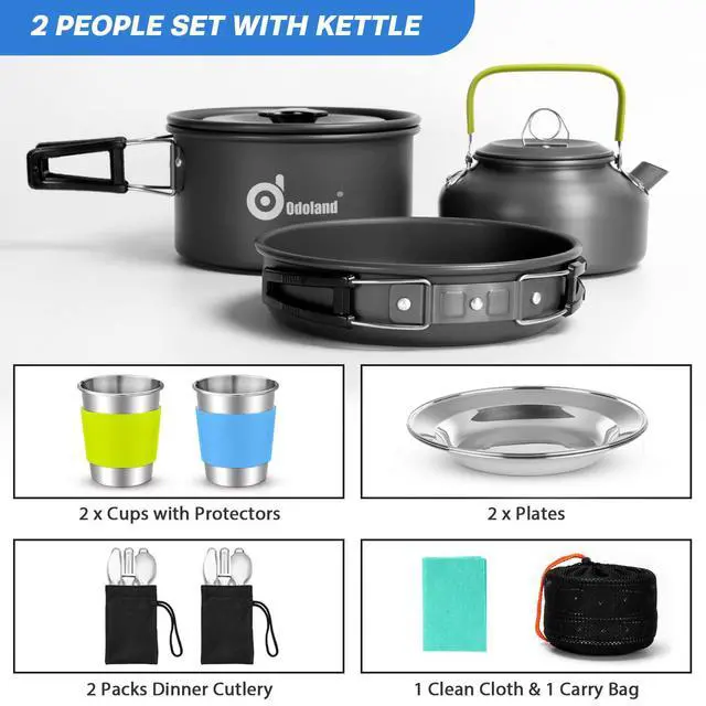 Alt view image 4 of 7 - 15pcs Camping Cookware Mess Kit, Non-Stick Lightweight Pot Pan Kettle Set with Stainless Steel Cups Plates Forks Knives Spoons for Camping, Backpacking, Outdoor Cooking and Picnic