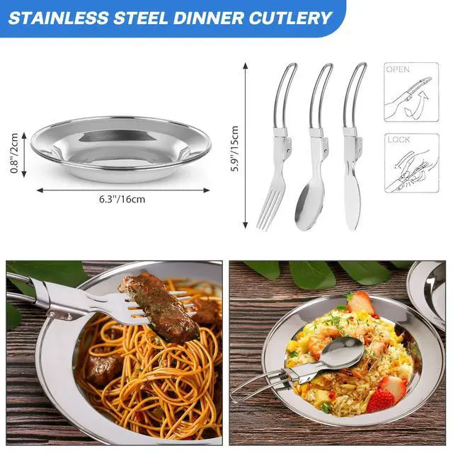 Alt view image 6 of 7 - 15pcs Camping Cookware Mess Kit, Non-Stick Lightweight Pot Pan Kettle Set with Stainless Steel Cups Plates Forks Knives Spoons for Camping, Backpacking, Outdoor Cooking and Picnic
