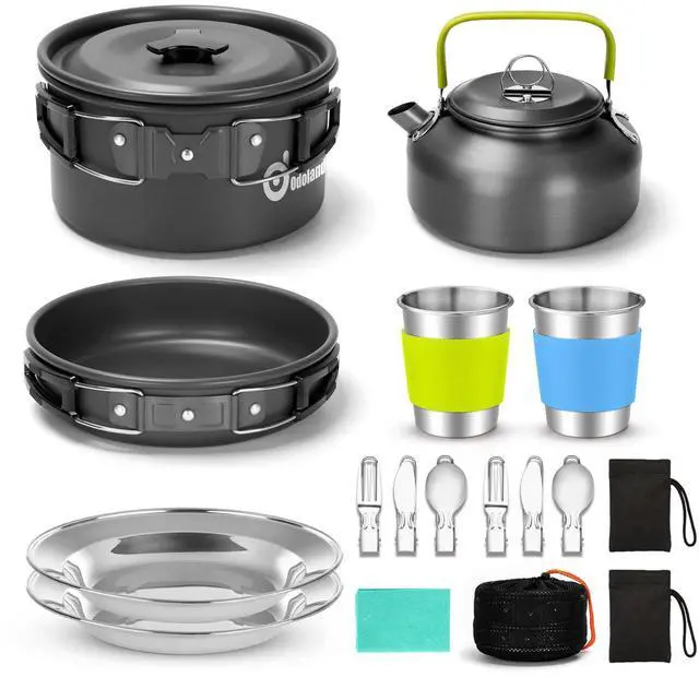 Main image of 15pcs Camping Cookware Mess Kit, Non-Stick Lightweight Pot Pan Kettle Set with Stainless Steel Cups Plates Forks Knives Spoons for Camping, Backpacking, Outdoor Cooking and Picnic