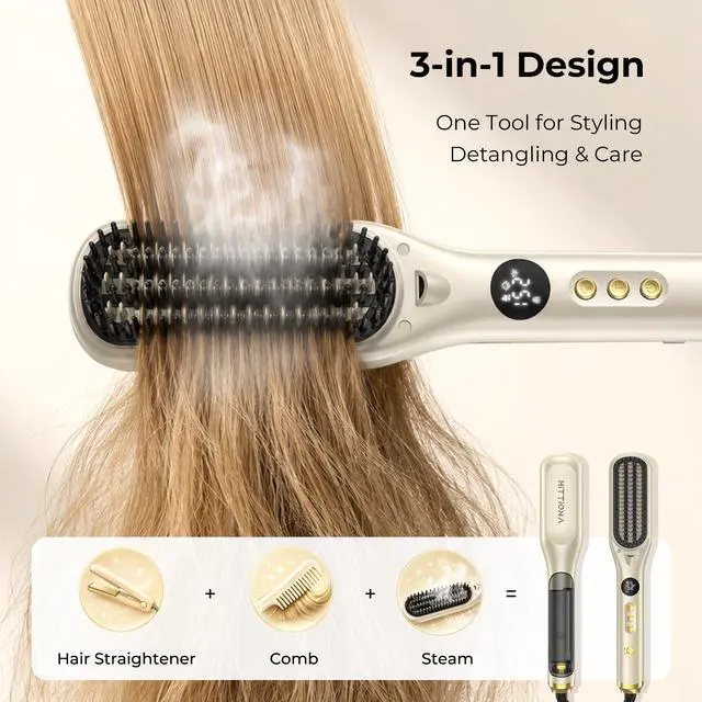 Alt view image 2 of 7 - Steam Hair Straightener Brush for Women - 3 in 1 Ionic Hair Straightening, Steam Reduces Damage, Nourishes Hair, Anti-Frizz Expedites Straightening and Fast Salon Results, Travel Dual Voltage