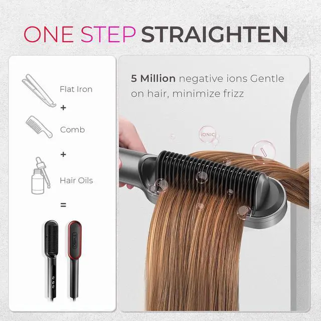 Alt view image 2 of 7 - Ring Plus Ionic Hair Straightener Brush - Straightening Comb with Negative Ions for Women, Titanium Coating, 9 Temp Settings & LED Display, Dual Voltage, Professional Styling Tools