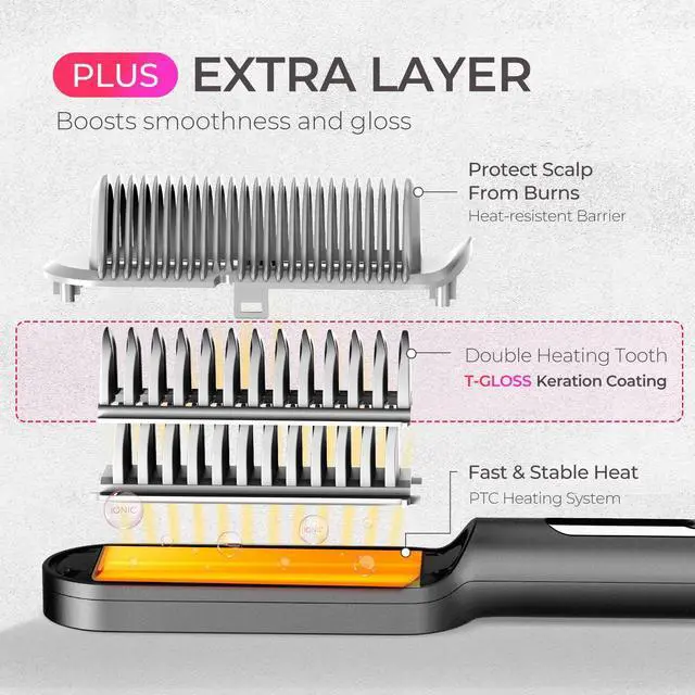 Alt view image 4 of 7 - Ring Plus Ionic Hair Straightener Brush - Straightening Comb with Negative Ions for Women, Titanium Coating, 9 Temp Settings & LED Display, Dual Voltage, Professional Styling Tools