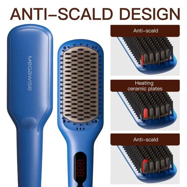 Alt view image 2 of 7 - Hair Straightener Brush, Ionic Ceramic Hair Straightening Brush for Frizzy Thick Hair, MCH 20s Heat-Up, Anti-Scald, Auto Shutoff, Dual Voltage, 360° Swivel Cord, Gentian Blue