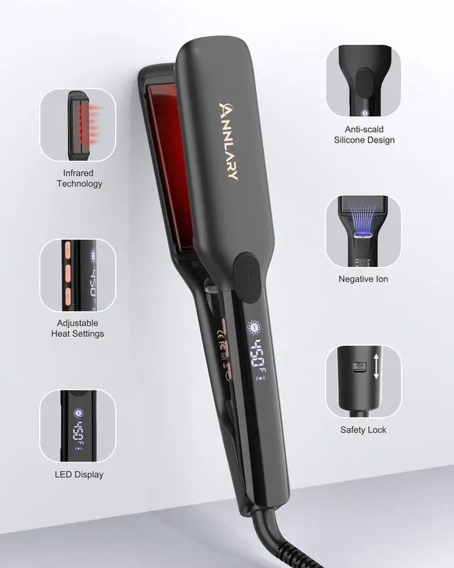 Alt view image 7 of 7 - Hair Straightener, 1.75 Inch Flat Iron with Infrared and Ionic Technology, Titanium Plate with Ceramic Coating Dual Voltage Straightener with Heat-Resistant Silicone for All Hair Types