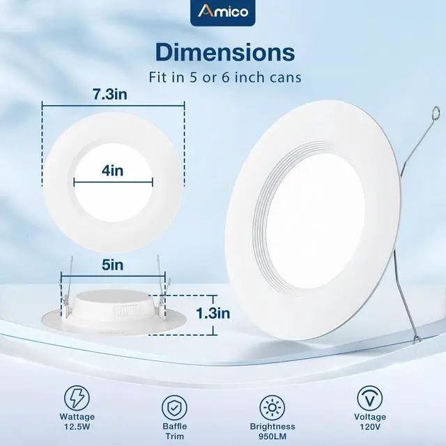 Alt view image 5 of 6 - 24 Pack 5/6 inch 5CCT LED Recessed Lighting, Dimmable, 12.5W=100W, 950LM, 2700K/3000K/4000K/5000K/6000K Selectable, Retrofit Can Lights with Baffle Trim, IC Rated - ETL & FCC, White