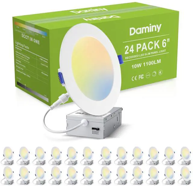 Main image of 24 Pack 6 Inch LED Recessed Lighting with Junction Box,5CCT,Ultra-Thin Recessed Light,10W 1100LM, Dimmable Canless Wafer Ceiling Light, High Brightness