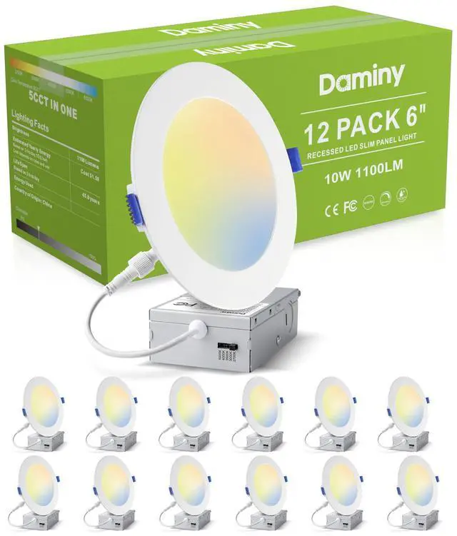 Main image of 12 Pack 6 Inch LED Recessed Lighting with Junction Box,5CCT,Ultra-Thin Recessed Light,10W 1100LM, Dimmable Canless Wafer Ceiling Light, High Brightness