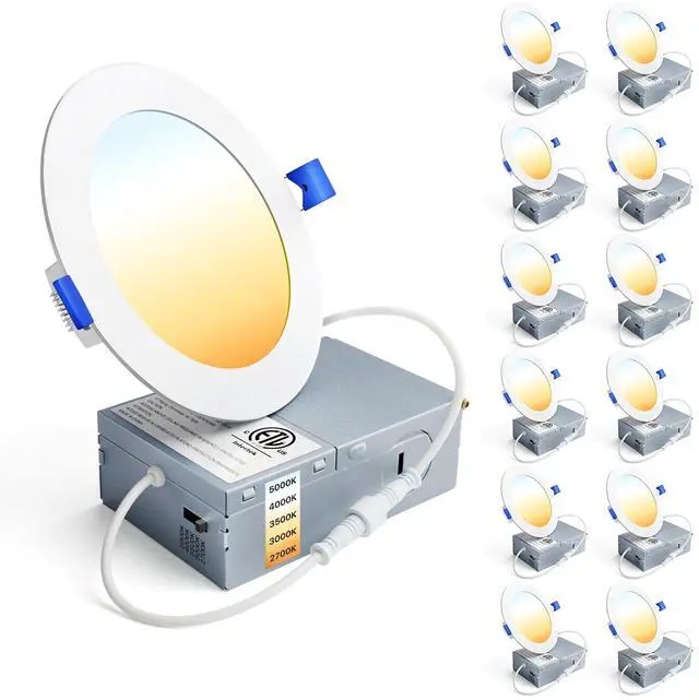 Main image of 12 Pack 4 Inch LED Recessed Ceiling Light, Dimmable, 2700K-5000K 5CCT, 750LM 9W 120V, High Brightness Canless Wafer Downlight - ETL&FCC&IC