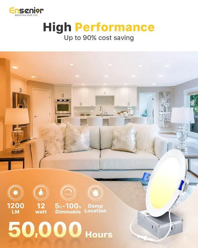 Alt view image 3 of 7 - 4 Pack 6 Inch LED Recessed Light, Dimmable, 2700K-5000K 5CCT, 1200LM High Brightness, 12W 120V, Damp Rated, Ultra-Thin Canless Wafer Ceiling Light - ETL & FCC & IC