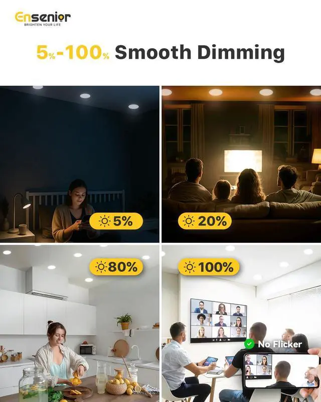 Alt view image 5 of 7 - 4 Pack 6 Inch LED Recessed Light, Dimmable, 2700K-5000K 5CCT, 1200LM High Brightness, 12W 120V, Damp Rated, Ultra-Thin Canless Wafer Ceiling Light - ETL & FCC & IC