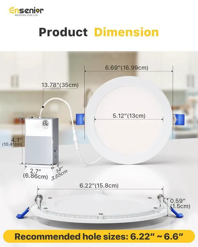 Alt view image 6 of 7 - 4 Pack 6 Inch LED Recessed Light, Dimmable, 2700K-5000K 5CCT, 1200LM High Brightness, 12W 120V, Damp Rated, Ultra-Thin Canless Wafer Ceiling Light - ETL & FCC & IC