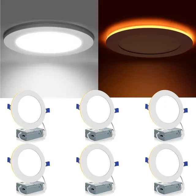 Main image of 6 Pack 6 Inch 5CCT LED Recessed Lighting with Night Light, 2700K/3000K/3500K/4000K/5000K Selectable Ultra-Thin LED Recessed Ceiling Lights, 12W=110W, 1050LM, Dimmable Canless Wafer Downlight