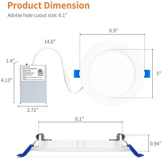Alt view image 5 of 7 - 6 Pack 6 Inch 5CCT LED Recessed Lighting with Night Light, 2700K/3000K/3500K/4000K/5000K Selectable Ultra-Thin LED Recessed Ceiling Lights, 12W=110W, 1050LM, Dimmable Canless Wafer Downlight