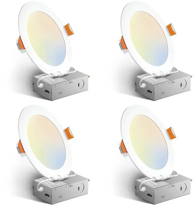 Main image of 4 Pack 6 Inch 5CCT Ultra-Thin LED Recessed Ceiling Light with Junction Box, 2700K/3000K/3500K/4000K/5000K Selectable, 12W Eqv 110W 1050LM Brightness Dimmable Canless Wafer Downlight, ETL & FCC