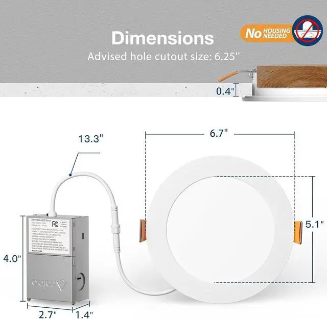 Alt view image 5 of 7 - 4 Pack 6 Inch 5CCT Ultra-Thin LED Recessed Ceiling Light with Junction Box, 2700K/3000K/3500K/4000K/5000K Selectable, 12W Eqv 110W 1050LM Brightness Dimmable Canless Wafer Downlight, ETL & FCC