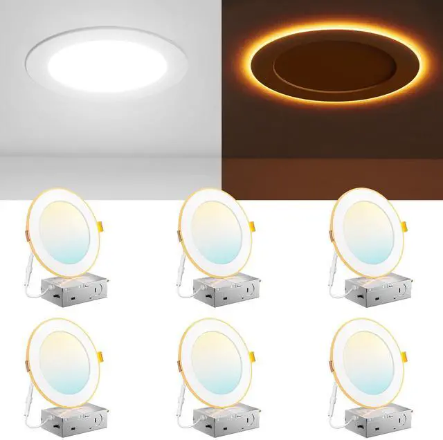 Main image of 6 Pack 6 Inch 5CCT LED Recessed Ceiling Light with Night Light, 2700K/3000K/3500K/4000K/5000K Selectable Ultra-Thin Recessed Lighting, 12W=110W, 1100LM, Dimmable Canless Wafer Downlight ETL&FCC