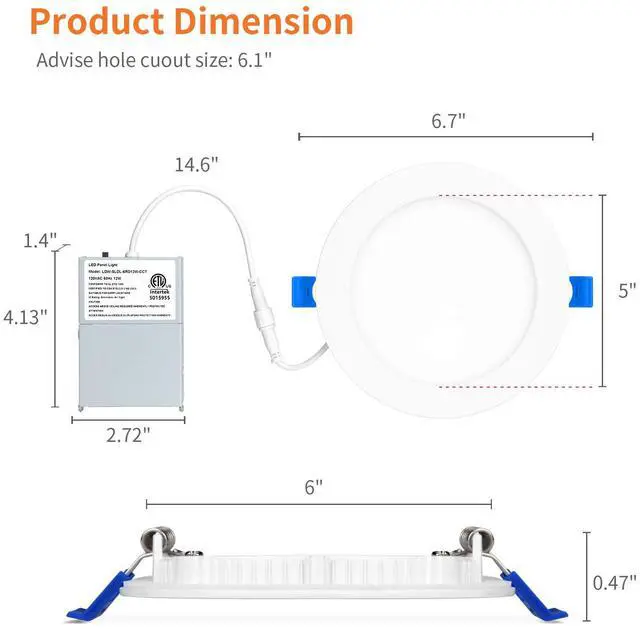 Alt view image 3 of 7 - 6 Pack 6 Inch LED Recessed Ceiling Light, 2700K/3000K/3500K/4000K/5000K Selectable, Dimmable 12W=110W, 1050LM, IC Rated Can-Killer Downlights with Junction Box, ETL and Energy Star Listed