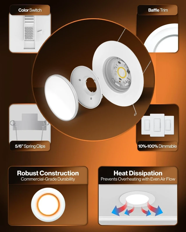 Alt view image 7 of 7 - Sunco 6 Pack 6 Inch Retrofit LED Recessed Lights with Night Light, 5CCT | 1000LM, Selectable CCT 2700K/3000K/4000K/5000K/6000K, Dimmable, 12W, Can Ceiling Recessed Downlight, Built-in Night Light
