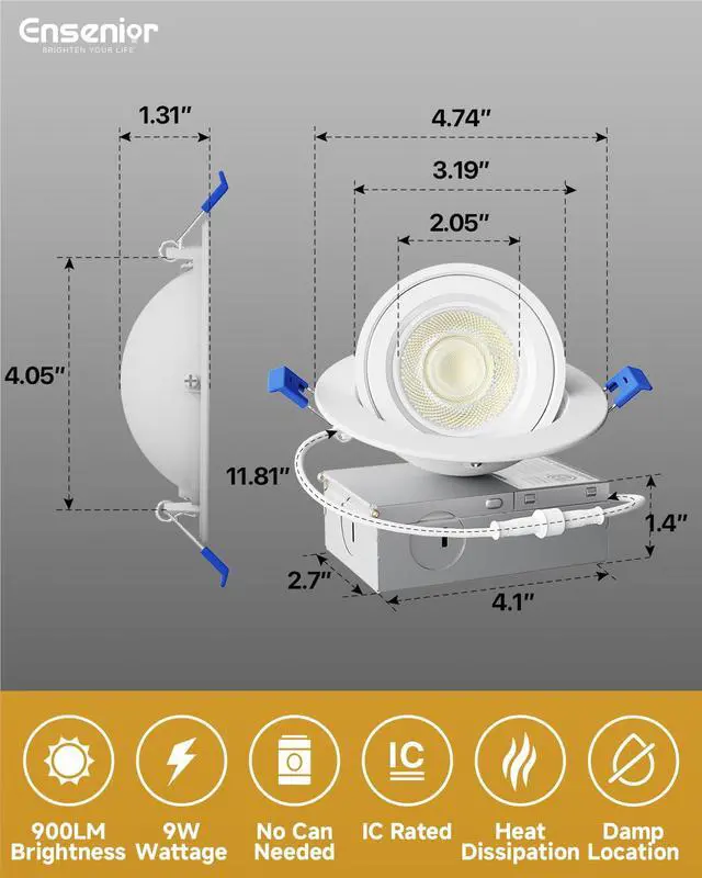 Alt view image 5 of 7 - 4 Pack 4 inch Gimbal Led Recessed Light, 5CCT 2700K-5000K, 360°+90° Adjustable, Dimmable, Aluminum, CRI90+, 900LM 9W 120V, Eyeball Recessed Lighting, Directional Can Light, ETL&FCC&IC
