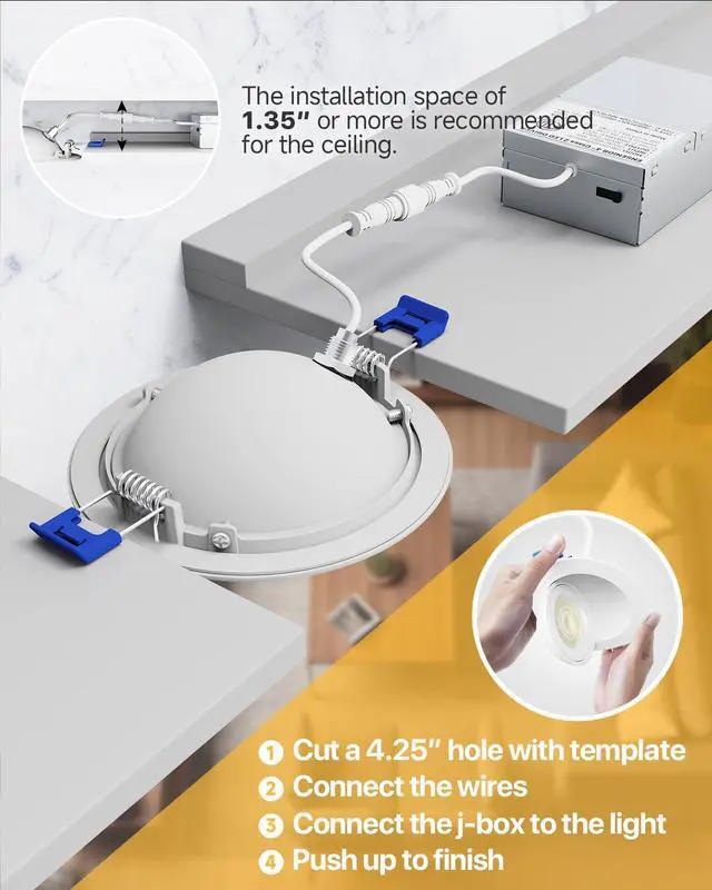 Alt view image 6 of 7 - 4 Pack 4 inch Gimbal Led Recessed Light, 5CCT 2700K-5000K, 360°+90° Adjustable, Dimmable, Aluminum, CRI90+, 900LM 9W 120V, Eyeball Recessed Lighting, Directional Can Light, ETL&FCC&IC