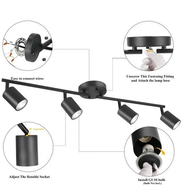 Alt view image 5 of 7 - LED 4 Light Track Lighting Kit, Black 4 Way Ceiling Spot Lighting, Flexibly Rotatable Light Head for Kitchen, Living Room, Bedroom, Bulb Not Included