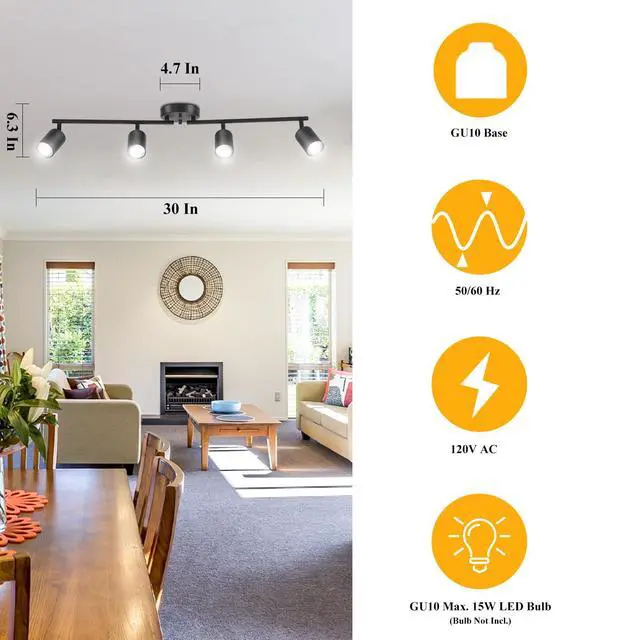 Alt view image 4 of 7 - LED 4 Light Track Lighting Kit, Black 4 Way Ceiling Spot Lighting, Flexibly Rotatable Light Head for Kitchen, Living Room, Bedroom, Bulb Not Included