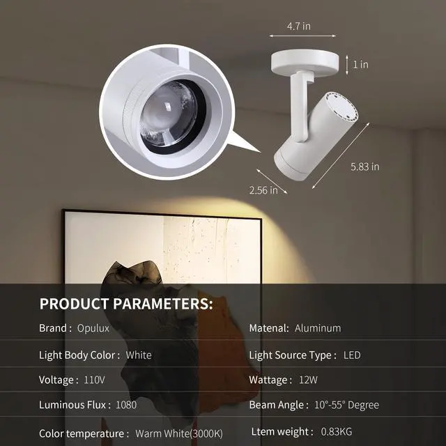 Alt view image 6 of 7 - 12W LED Dimmable Zoomable Ceiling Spotlight Indoor Adjustable Wall Surface Mount Accent Light for Home Corridor, Picture, Plants & Painting | Warm White 3000K CRI 97, Flicker-Free, White