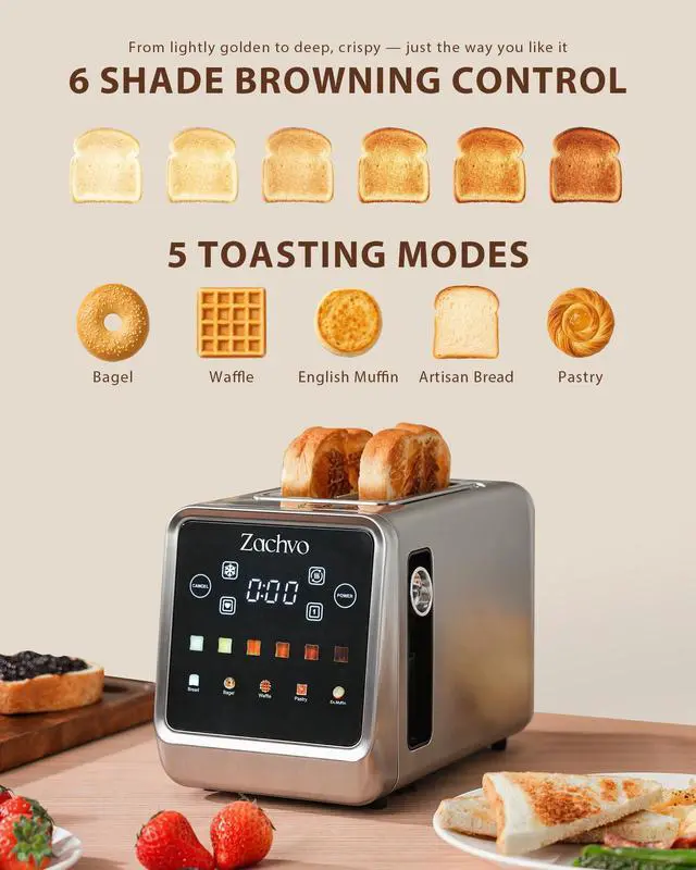 Alt view image 4 of 7 - 2 Slice Toaster with Smart Touchscreen & Digital Countdown Timer, 1.5" Wide Slot Toaster for Bagels & Bread, 6 Shade Settings, Memory, Defrost & Reheat, Slim Stainless Steel Design for Kitchen