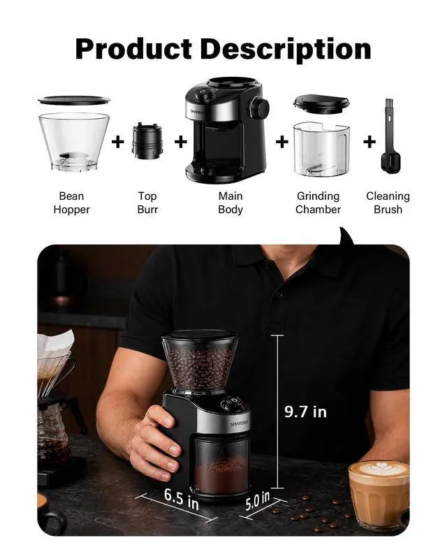 Alt view image 6 of 7 - Burr Coffee Grinder Electric with 32 Grinding Sizes 4.0, Coffee Grinders for Home Use with 40 Seconds Adjustable Electronic Timer, Coffee Bean Grinder with Chamber Cleaning Button,Black