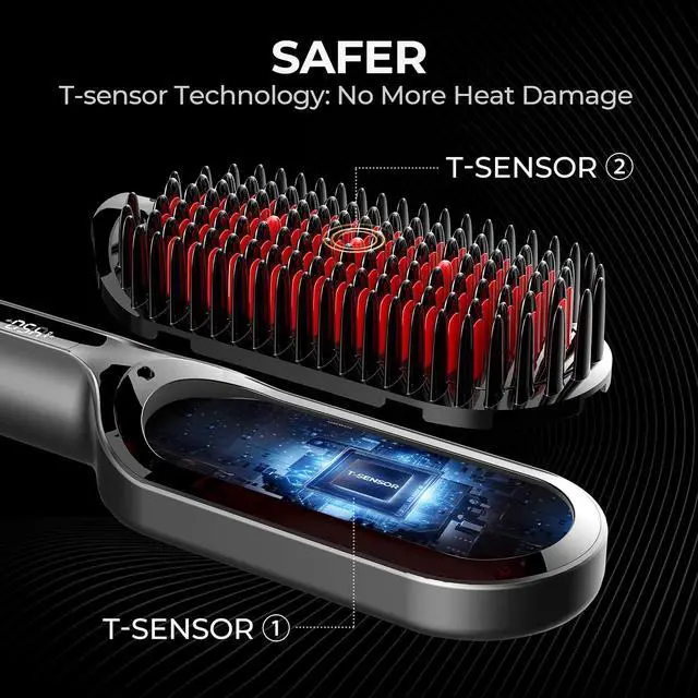 Alt view image 2 of 7 - Hair Straightener Brush - Upgraded Ionic Plus Straightening Brush with Dense Bristles, 16 Temps, Dual Voltage | Ceramic Hot Comb for Women | Flat Iron for Thick Curly Hair, Black