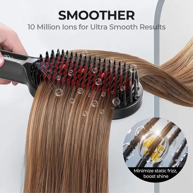 Alt view image 5 of 7 - Hair Straightener Brush - Upgraded Ionic Plus Straightening Brush with Dense Bristles, 16 Temps, Dual Voltage | Ceramic Hot Comb for Women | Flat Iron for Thick Curly Hair, Black