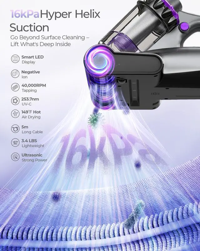 Alt view image 2 of 7 - Upgrade Mattress Vacuum Cleaner - 16kPa Strong Suction & 40000 RPM, LED Display Bed Vacuum Cleaner Dust Detection, 253.7nm UV-C Light & HEPA, 149 Heat & Negative Ion for Bed Sofa, Model MV03
