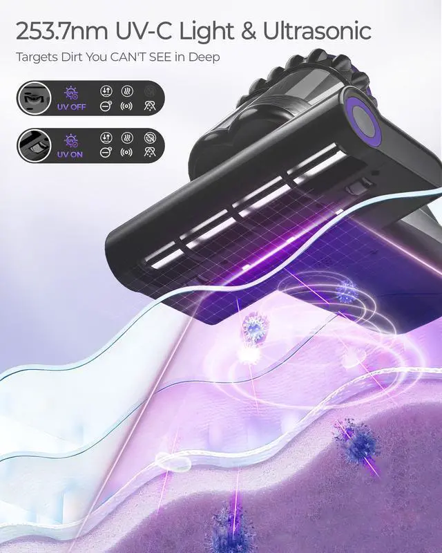 Alt view image 4 of 7 - Upgrade Mattress Vacuum Cleaner - 16kPa Strong Suction & 40000 RPM, LED Display Bed Vacuum Cleaner Dust Detection, 253.7nm UV-C Light & HEPA, 149 Heat & Negative Ion for Bed Sofa, Model MV03