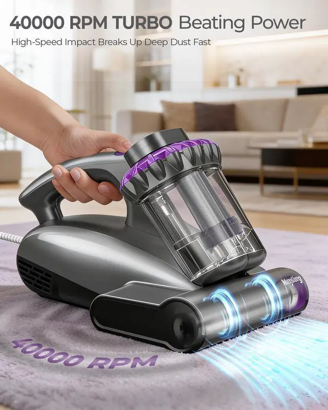 Alt view image 6 of 7 - Upgrade Mattress Vacuum Cleaner - 16kPa Strong Suction & 40000 RPM, LED Display Bed Vacuum Cleaner Dust Detection, 253.7nm UV-C Light & HEPA, 149 Heat & Negative Ion for Bed Sofa, Model MV03
