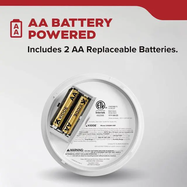 Alt view image 2 of 7 - Smoke Detector, AA Battery-Powered, Wire-Free Interconnect, Voice Alerts, LED Status Light, 85 dB Alarm, 5-inches, 20SDR-VRF