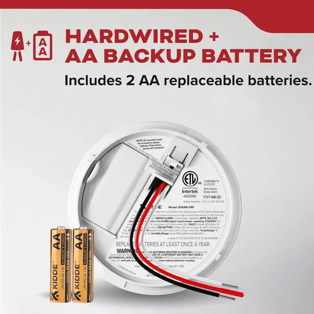 Alt view image 2 of 7 - Smoke Detector, Hardwired with AA Battery Backup, Wire-Free Interconnect, Voice Alerts, LED Status Light, 85 dB Alarm, 5inches, 20SAR-VRF