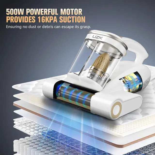 Alt view image 3 of 7 - Bed Vacuum Cleaner Mattress Vacuum Cleaner,16Kpa Powerful Handheld Vacuums with UV-C Light & Double Dust Cup & High Heating & Ultrasonic & HEPA Filter for Bed Sofa(Corded,Frost White)