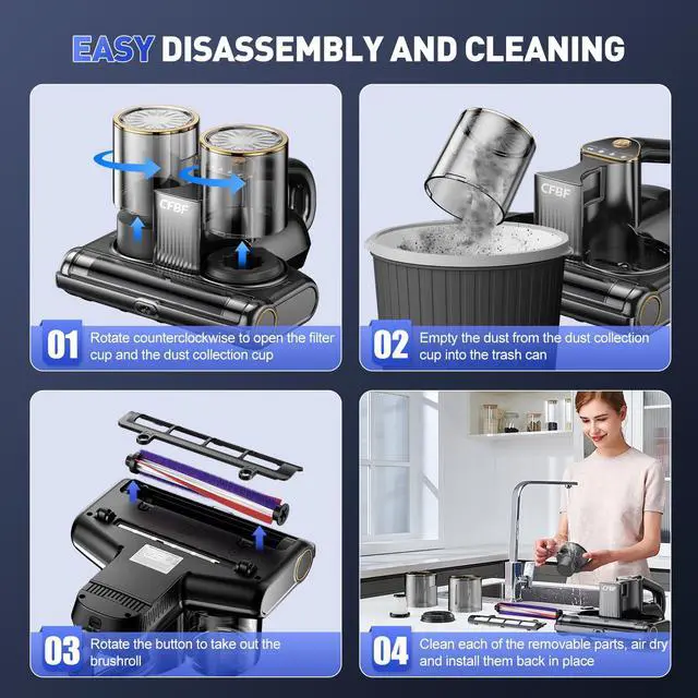 Alt view image 6 of 7 - Mattress Vacuum Cleaner, Bed Vacuum Cleaner with 16Kpa Suction 253.7nm UV-C Light, Ultrasonic & High Heating, 500W Powerful Double-Cup Handheld Vacuums