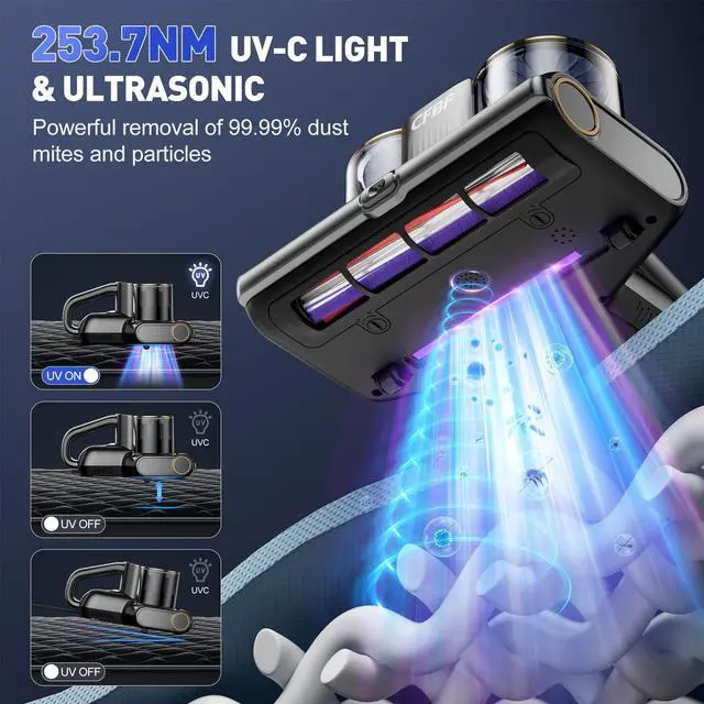 Alt view image 3 of 7 - Mattress Vacuum Cleaner, Bed Vacuum Cleaner with 16Kpa Suction 253.7nm UV-C Light, Ultrasonic & High Heating, 500W Powerful Double-Cup Handheld Vacuums