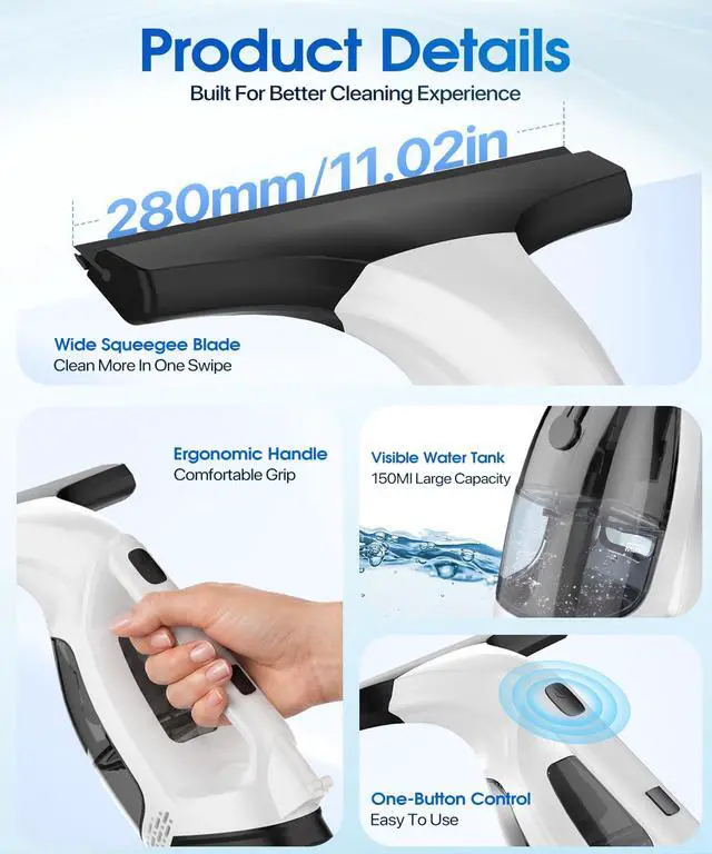 Alt view image 5 of 7 - Window Vacuum Squeegee Cordless, 3-in-1 Electric Window Cleaner Tool with Spray & Microfiber Pad, Streak-Free 2200Pa Suction for Glass, Shower Doors, Mirrors, Tiles and Car Windows