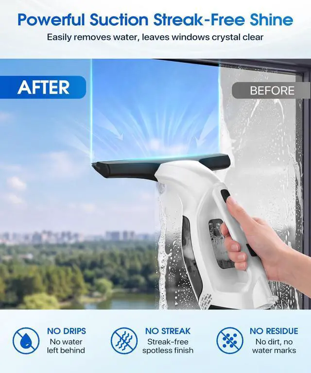 Alt view image 3 of 7 - Window Vacuum Squeegee Cordless, 3-in-1 Electric Window Cleaner Tool with Spray & Microfiber Pad, Streak-Free 2200Pa Suction for Glass, Shower Doors, Mirrors, Tiles and Car Windows