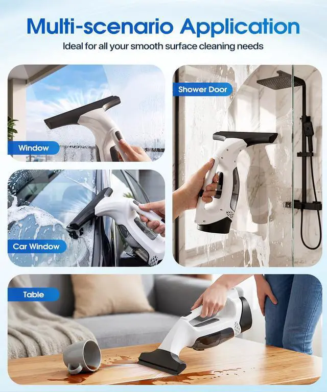 Alt view image 6 of 7 - Window Vacuum Squeegee Cordless, 3-in-1 Electric Window Cleaner Tool with Spray & Microfiber Pad, Streak-Free 2200Pa Suction for Glass, Shower Doors, Mirrors, Tiles and Car Windows