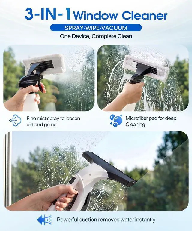 Alt view image 2 of 7 - Window Vacuum Squeegee Cordless, 3-in-1 Electric Window Cleaner Tool with Spray & Microfiber Pad, Streak-Free 2200Pa Suction for Glass, Shower Doors, Mirrors, Tiles and Car Windows
