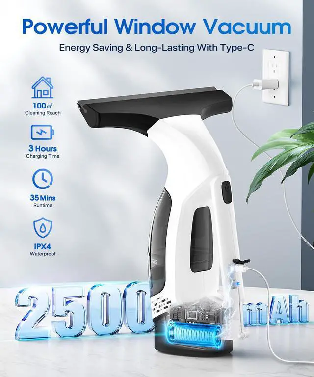 Alt view image 7 of 7 - Window Vacuum Squeegee Cordless, 3-in-1 Electric Window Cleaner Tool with Spray & Microfiber Pad, Streak-Free 2200Pa Suction for Glass, Shower Doors, Mirrors, Tiles and Car Windows