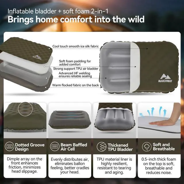 Alt view image 2 of 3 - Inflatable Camping Pillow with Soft Foam Top & TPU Air Bladder, Dual-Sided Support for All-Season, Lightweight Compact Travel Pillow for Hiking, Backpacking, Airplane, Car (Green)