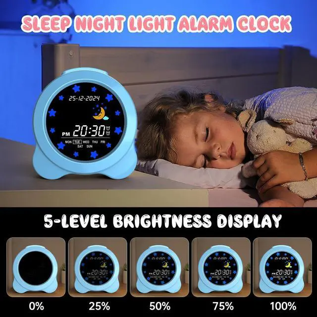 Alt view image 4 of 7 - Kids Alarm Clock, Sun & Moon LED Display with Day & Date, Children's Sleep Trainer with Night Light & Sleep Sounds, Cute Wake Up Clock for Kids Bedroom, Easy to Use Birthday Gift for Boy and Girls