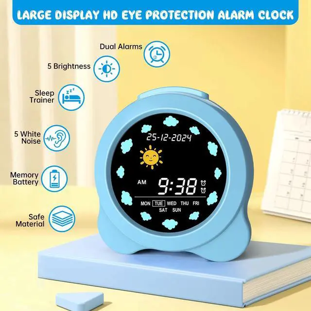 Alt view image 2 of 7 - Kids Alarm Clock, Sun & Moon LED Display with Day & Date, Children's Sleep Trainer with Night Light & Sleep Sounds, Cute Wake Up Clock for Kids Bedroom, Easy to Use Birthday Gift for Boy and Girls