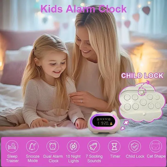 Alt view image 3 of 7 - Alarm Clock for Kids, Ok to Wake Clock for Kids, Cute Cat Kids Alarm Clock for Girls Boys Toddler, Kids Clock with 10 Night Lights, 7 Soothing Sounds, Auto-Off Timer, Child Lock, Cream White