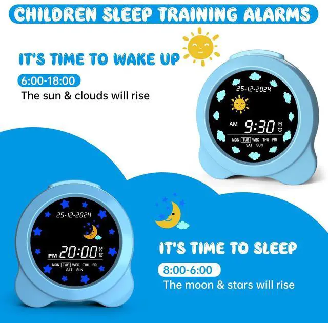 Alt view image 5 of 7 - Kids Alarm Clock, Sun & Moon LED Display with Day & Date, Children's Sleep Trainer with Night Light & Sleep Sounds, Cute Wake Up Clock for Kids Bedroom, Easy to Use Birthday Gift for Boy and Girls